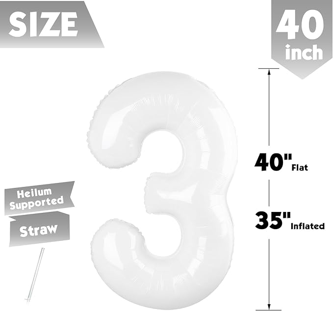 40 Inch White Number 3 Balloon, Giant 3 Number Balloons for 3rd Birthday Decorations, Party Supplies for Baby Boy Girl, White Party Decor
