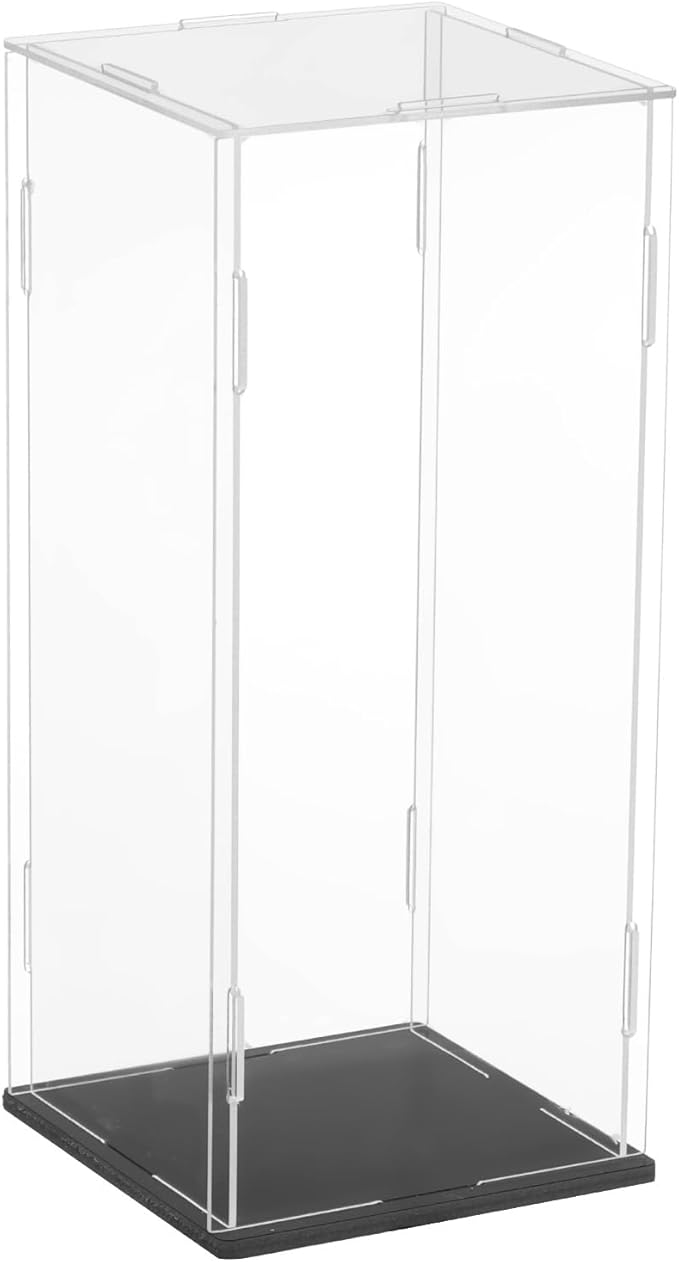 uxcell Acrylic Clear Display Case for Collectibles Self-Assemble Display Boxes, Black Base Dustproof Countertop Storage Box for Collectibles Action Figures, 3.9 x 3.9 x 9.8 Inch