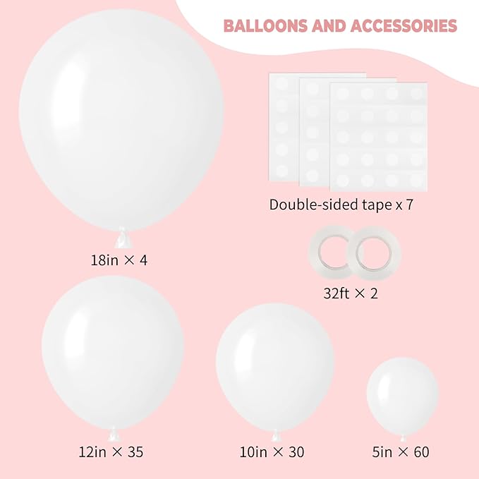 RUBFAC 129pcs White Balloons Different Sizes 18 12 10 5 Inch for Garland Arch, Latex Balloon for Engagement Wedding Anniversary Birthday Party Baby Shower Decoration