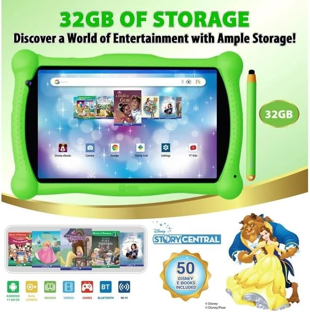 Contixo V10A 7" Kids HD Learning Tablet for Ages 3–7 with 32GB, Parental Controls, Kid-Proof Case, Stylus & 50+ Disney eBooks ($200 Value), Educational Games Included, Green