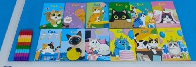 BenLouis 12 Cat Mini Coloring Books Kids with 12 Stacking Crayons Cute Kitten Small Party Favors Small Activity Books Bulk for Kids Pet Party Gift Goodie Bag Stuffers