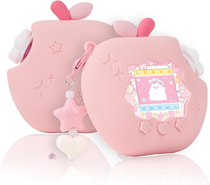 Apple Case for Tamagotchi Paradise, 4-iaradisen-1 Shockproof Silicone Protective Cover Kit with Faceplate, Flower Dial Cap & Charm, Kawaii Accessories for Girls & Adults (Pink)