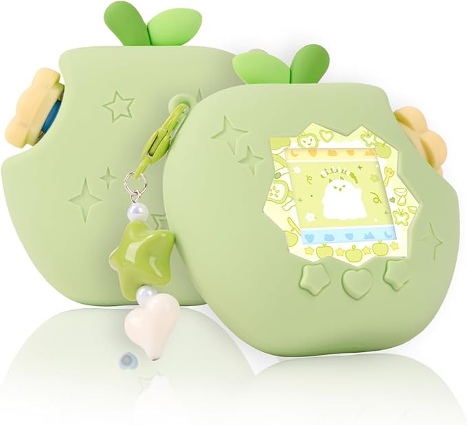 Apple Case for Tamagotchi Paradise, 4-iaradisen-1 Shockproof Silicone Protective Cover Kit with Faceplate, Flower Dial Cap & Charm, Kawaii Accessories for Girls & Adults (Green)