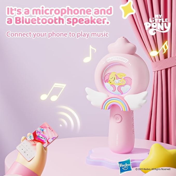 EVADA Kids Karaoke Microphone Machine My Little Pony, Wireless Bluetooth Sing Speaker with Colorful LED, Rechargeable Portable Mini Mic Toy Gift for Girls Christmas New Year Birthday Party Gift, Pink
