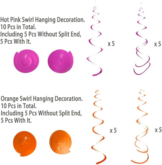 MOWO Hot Pink and Orange Foil Swirl Hanging Decoration Streamer for Birthday Graduation Baby Shower Autumn Fall Groovy Party Supplies, Hot Pink and Orange, Pack of 20