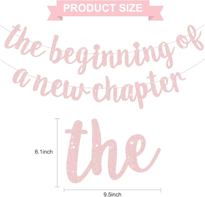 BEISHIDA Glitter Light Pink The Beginning of A New Chapter Banner,Pre-Strung Farewell Book Themed Housewarming Party Congratulations Decorations,Going away party Garland,Graduation Sign 2026 Banner,retirement Supplies