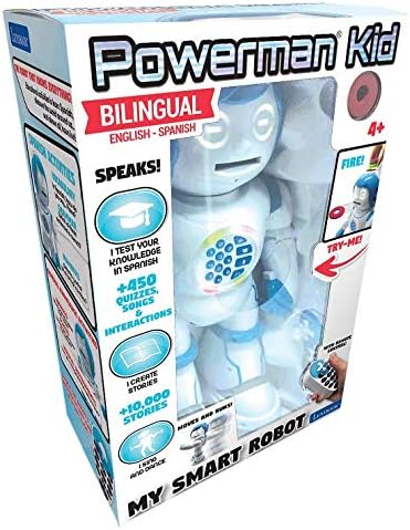 LEXiBOOK Powerman Kid- Educational and Bilingual English/Spanish Robot - Walking Talking Dancing Toy - STEM Programmable Creating Stories - Quizzes Shooting Discs- ROB90EN