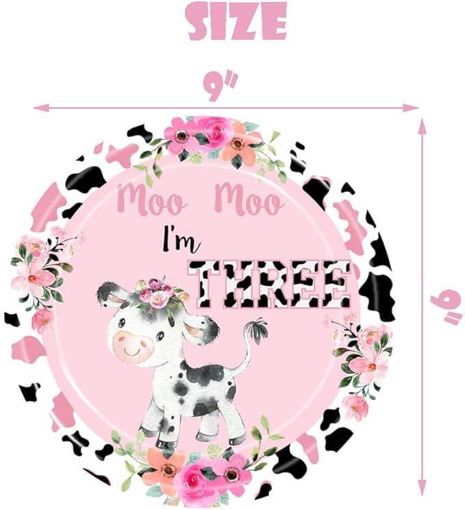 Holy Cow I'm Three Girls Birthday Party Plates Cow Three Years Old Paper Dinner Plates Dinnerware for Farm Animals Cow Themed Girls 3rd Birthday Party Supplies Decorations