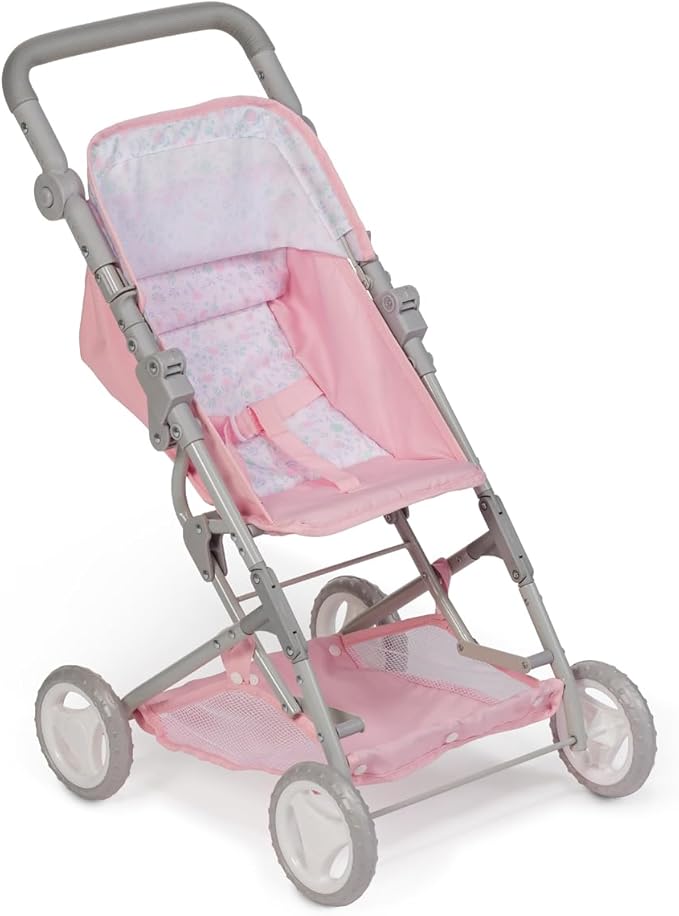 JC Toys - Berenguer Boutique | Fashionable Stroller with Canopy and Storage | Simple Folding |Pink Floral Collection | for Dolls up to 18" | Ages 3+