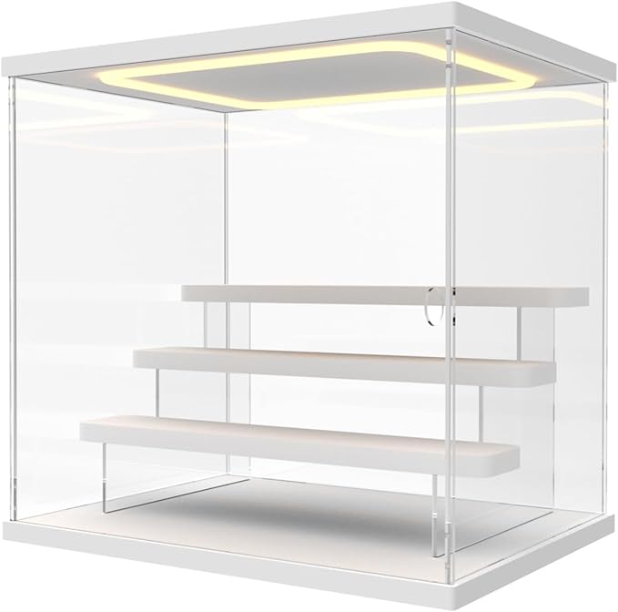 Nynelly Acrylic Lighted Display Case for Collectibles, 4 Tier Figure Display Box with Door and Steps, Assemble Dustproof LED Showcase Storage Box for Mini Figures, Funko Pop, Toys, White