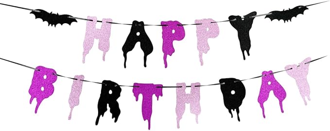 Halloween Happy Birthday Banner – Bday Party Decoration, Glitter Bloody Hanging Garland with Spooky Bats, Halloween Theme Party Supplies, Indoor & Outdoor