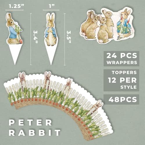 Peter Rabbit Cupcake Decoration - Party Supplies and Baby Shower Essentials - Set of 12 Pieces Cupcake Topper and 24 Pieces Cupcake Wrapper