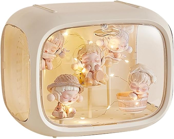 Display case for Figures with Light Adjustable Display Stand Clear Acrylic Display Box with Door Dust and Moisture Proof Suitable for Lego Collectibles Action Figures Pop Mart (Cream)
