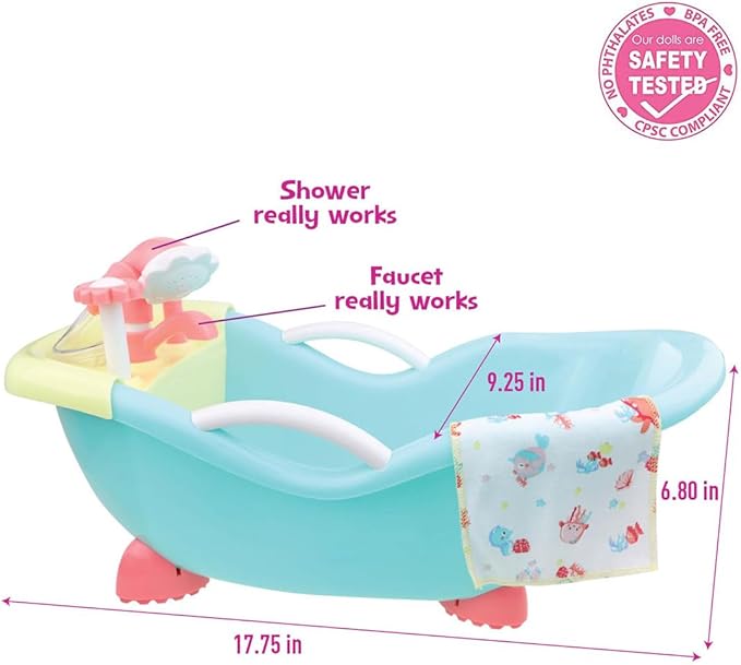 JC Toys - for Keeps Playtime! | Baby Doll Real Working Bath Set | Fits Dolls up to 16" | Shower and Faucet Really Work | Play Accessories | Ages 2+