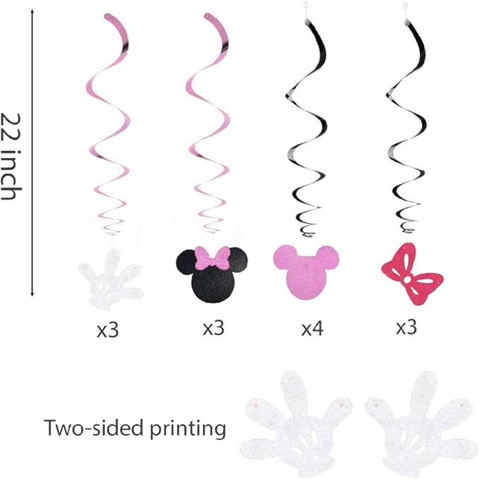 30Ct Minnie Hanging Swirl Decorations - Ceiling Streamers for Mouse Birthday Party – Mini Mouse Theme Party Supplies – Party Favors for Kids - Glitter Pink, Black Decor