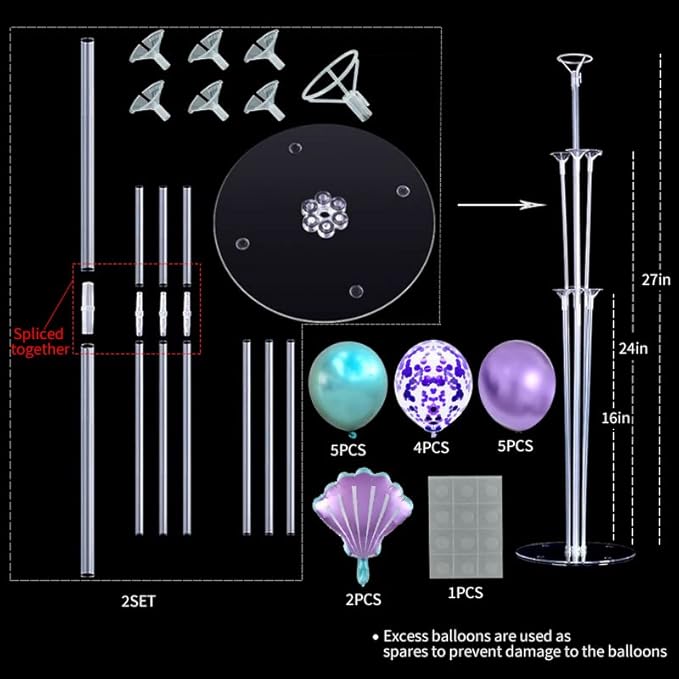 Mermaid Table Centerpiece Balloons Stand Kit 2 Sets with 2 Sea Shells Foil Balloons 14 Purple Blue Latex Balloons for Birthday Beach Mermaid Theme Sea Theme Party Mermaid Birthday Decorations