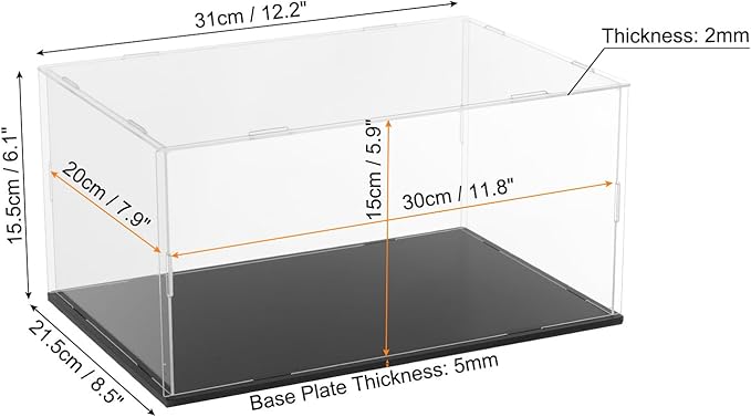uxcell Acrylic Clear Display Case for Collectibles Self-Assemble Display Boxes with Black Base Dustproof Countertop Storage Box for Collectibles Action Figures, 11.8 x 7.9 x 5.9 Inch