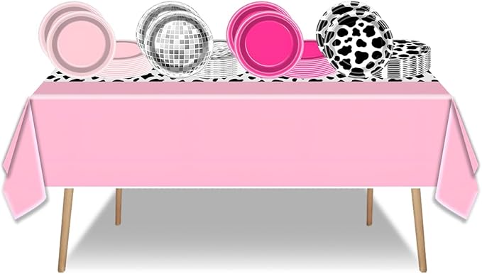 49Pcs Western Cowgirl Party Paper Plates Tablecloth for CowPrint Themed Supplies 7" Hot Pink-Disco Ball Disposable Dessert Plates for Cowgirl Birthday 80s 90s Shower Party Decorations