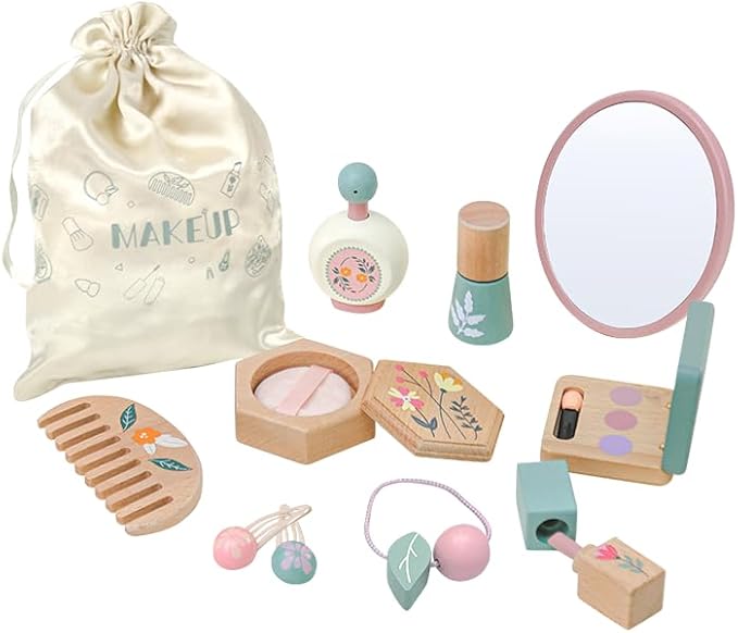 Wooden Makeup Toy Set for Girls – 11 PCS Pretend Play Makeup Kit for Kids with Mirror, Lipstick, Eyeshadow, Nail Polish, Perfume, Comb, Hair Clip & Storage Bag – Birthday Gifts for 3 4 5 6 Girls
