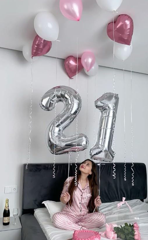 Silver Number 21 Balloon 40 inch, Number 21 Birthday Balloon for Boy Girl, Silver Foil 21 Balloon for 21 12 Birthday Party, Anniversary Celebration Number Balloons Decorations