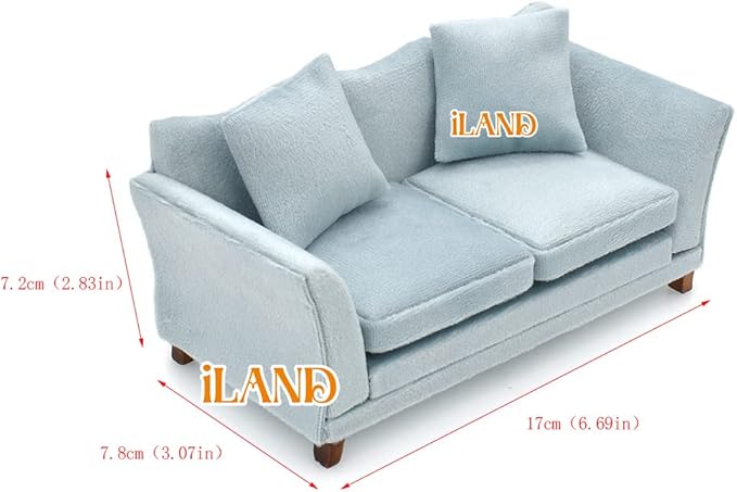 iLAND Dollhouse Couch, Modern Dollhouse Furniture on 1/12 Scale, Miniature Sofa for Dollhouse Living Room (Light Sky Blue Velvet)