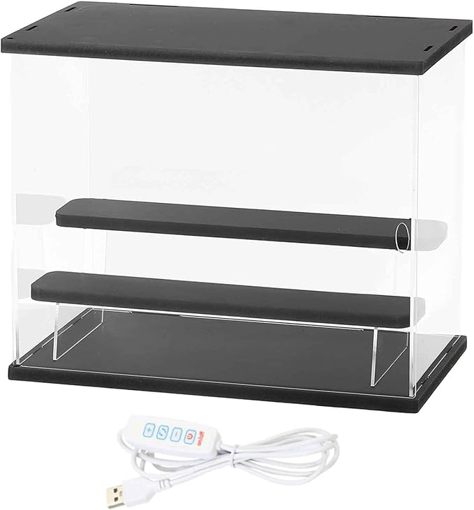 MECCANIXITY Clear Display Case, 3 Layer Acrylic Figure Display Case Clear Display Boxes for Collectibles, Figures Model Toys Home Storage(with Square LED Light, 13x7x10 Inch Black Base)
