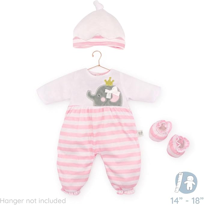 JC Toys | Berenguer Boutique | Baby Doll Outfit | Pink Striped Long Onesie with Headband, and Booties | Ages 2+ | Fits Dolls 14"- 16"