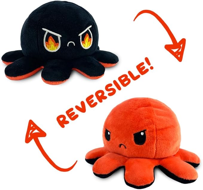 TeeTurtle Reversible Octopus Plushie - 4-Inch Angry Red + Rage Black Two-Sided Flip Plush Toy with Embroidered Details - Cute Mini Collectible Plush for Kids, Teens, and Adults