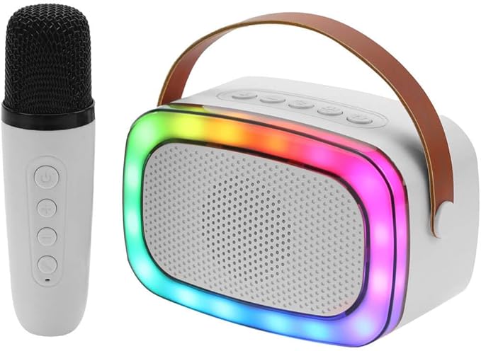 IQ Sound IQ-908K Mini Karaoke Bluetooth Speaker with Wireless Microphone, RGB Lights Surround, Fun Voice Changing in Rechargeable Compact, and Portable Design Ideal Gifts for Kids and Adults (White)