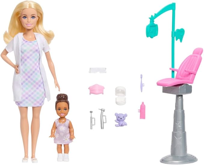 Barbie Careers Dentist Playset with Blonde Doll Wearing White Coat, Toddler Small Doll, Examination Chair & Accessories