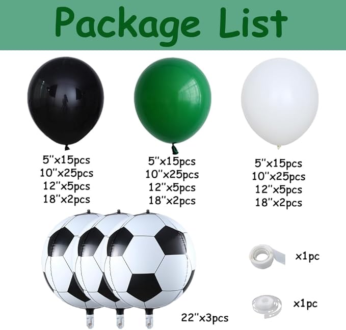 144PCS Dark Green Black White Balloon Garland Arch Kit with 22inch 4D Soccer Foil Balloons for Soccer Themed Birthday Football Soccer Match Party Decorations