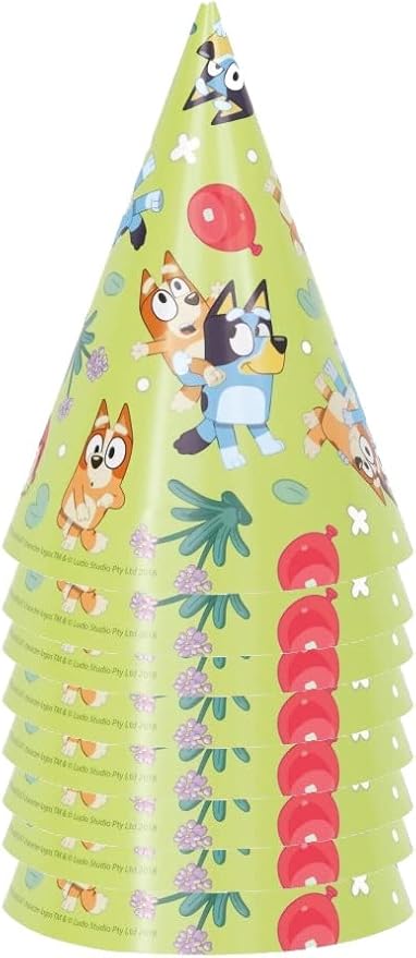 Unique Bluey Birthday Party Supplies Bundle Pack includes Party Cone Hats and 1 Dinosaur Sticker Sheet - 16 Hats