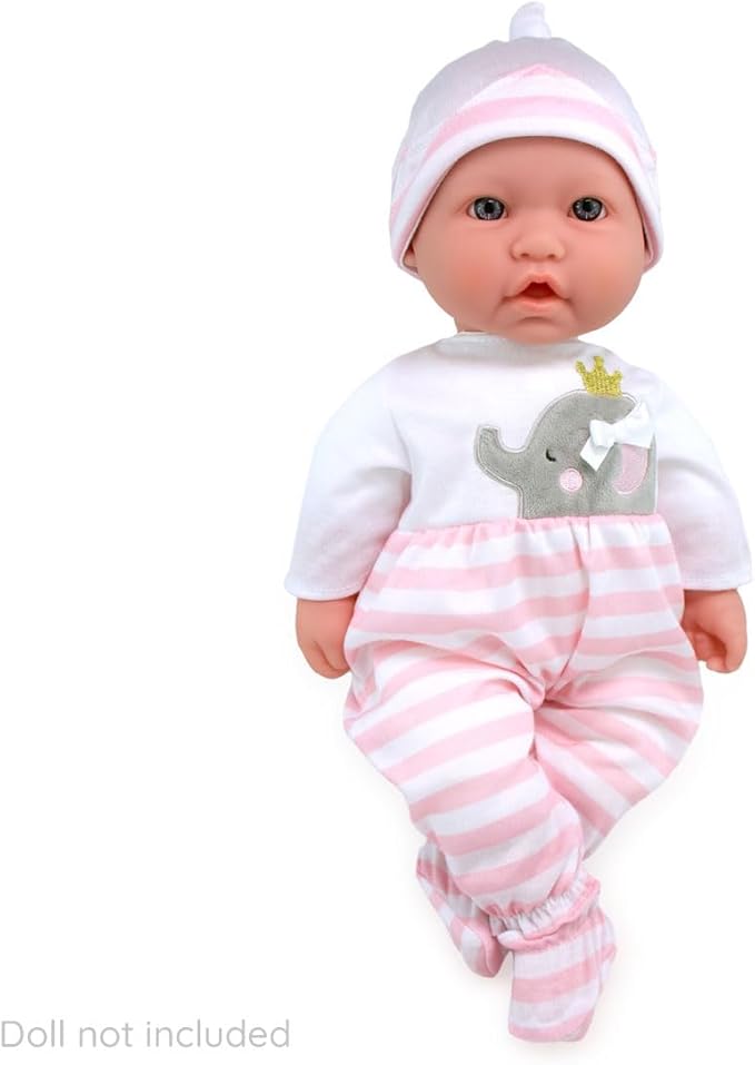 JC Toys | Berenguer Boutique | Baby Doll Outfit | Pink Striped Long Onesie with Headband, and Booties | Ages 2+ | Fits Dolls 14"- 16"