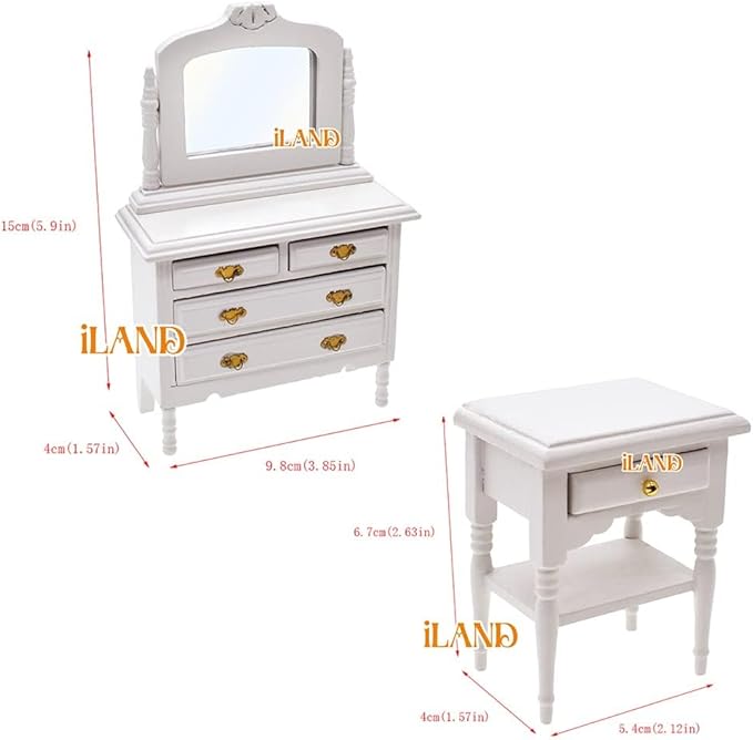 iLAND Wooden Dollhouse Furniture on 1/12 Scale of Pink Dollhouse Bedroom Set w/Piano (Sweet Doll Furniture 6pcs)