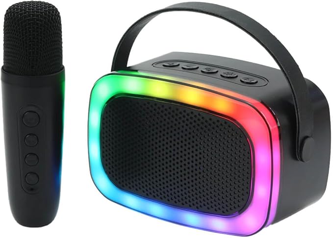 IQ Sound IQ-908K Mini Karaoke Bluetooth Speaker with Wireless Microphone, RGB Lights Surround, Fun Voice Changing in Rechargeable Compact, and Portable Design Ideal Gifts for Kids and Adults (Black)