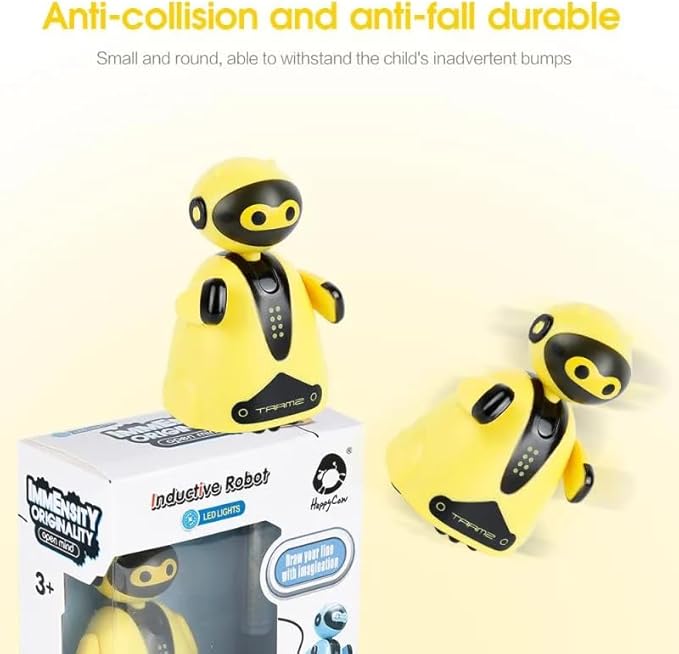 Mini Magic Inductive Robot Toy Tracer Bot Interactive STEM Toy Follow Black Line with LED Light Educational Toys for Kids (Yellow)