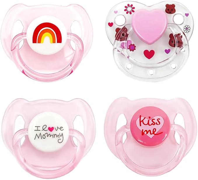4-Piece Magnetic Pacifier Set for Reborn Doll Accessories Simulates Realistic Soothing and Feeding Cute Pink Collection (Kiss Me, Heart Bear, Rainbow, I Love Mommy)