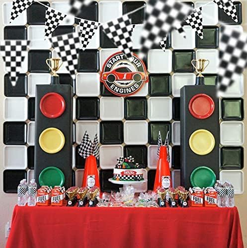 Piokio Double Sided Plastic Checkered Flag Banner, Racing Birthday Decorations, for Nascar Cars Party Supplies