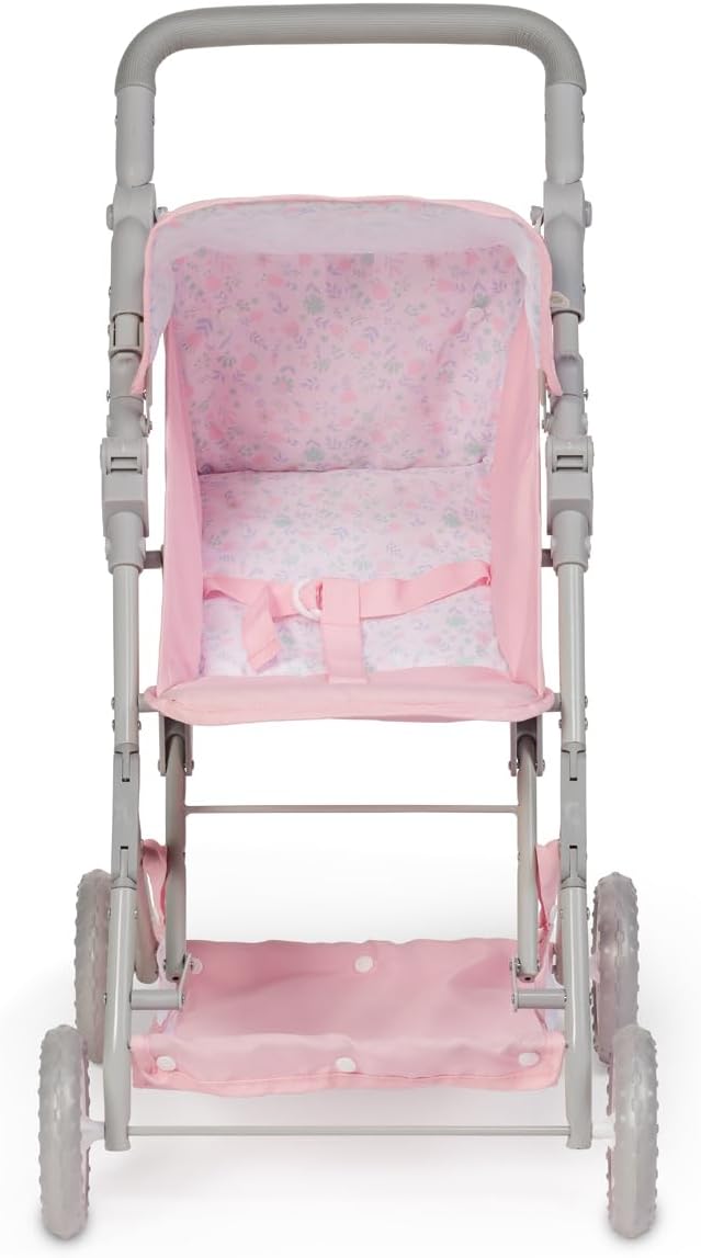 JC Toys - Berenguer Boutique | Fashionable Stroller with Canopy and Storage | Simple Folding |Pink Floral Collection | for Dolls up to 18" | Ages 3+