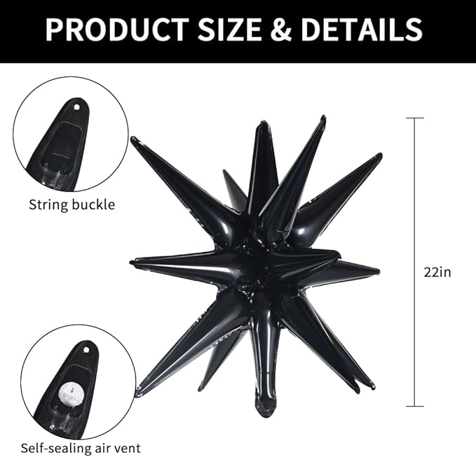TONIFUL 4 Pcs 22inch 4D Huge Black Star Balloons Explosion Star Mylar Foil Balloons for Party Supplies Backdrop Christmas,New Year,Birthday,Halloween, Wedding,Photo Booth Ornament