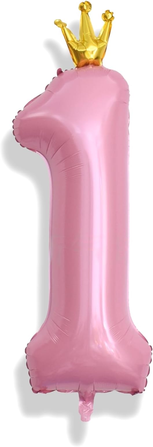 Crown Pink Number 1 Balloon for Girls 1st Birthday Party, 40 Inch Large Number Foil Helium Pastel Pink Balloons 0-9, for Women 10th Birthday Party Baby Shower Anniversary Party Decoration Supplies