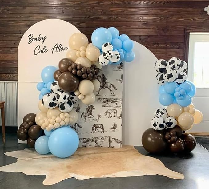 Cow Print Balloons, 12Inch Light Blue Brown and Cow Sand Balloons for Boys First Rodeo Birthday Cowboy Baby Shower Farm Western Country Party Decorations