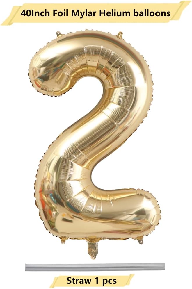 40 Inch Light Gold 2 Number Balloons Champagne Gold Giant 2 Foil Mylar Helium Large Numbers Balloon for Girls Boys 2nd Birthday Jumbo Balloon Anniversary Graduation Events Party Decorations Supplies