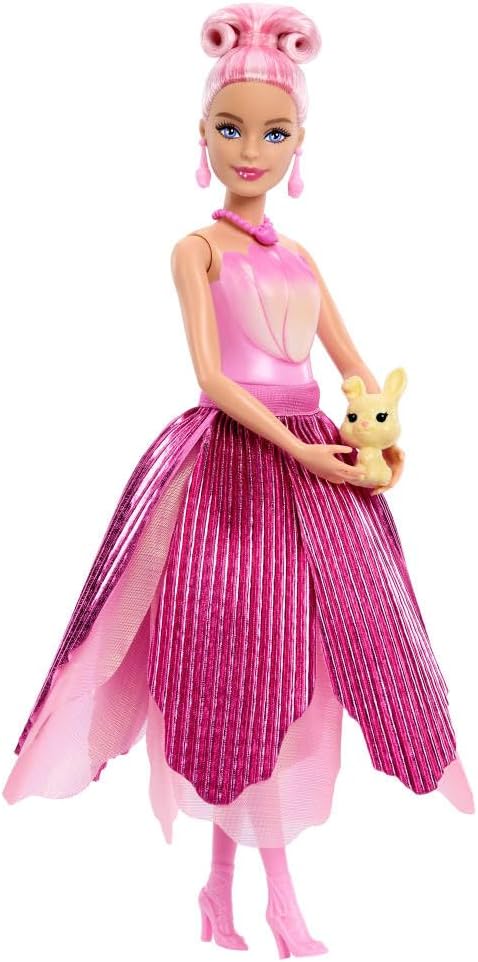 Barbie Petal Pop Scented Doll with Pink Tulip Dress & Accessories, Bouquet Reveal with Pet Bunny & Surprises Like Watering Can, Necklace & Earrings