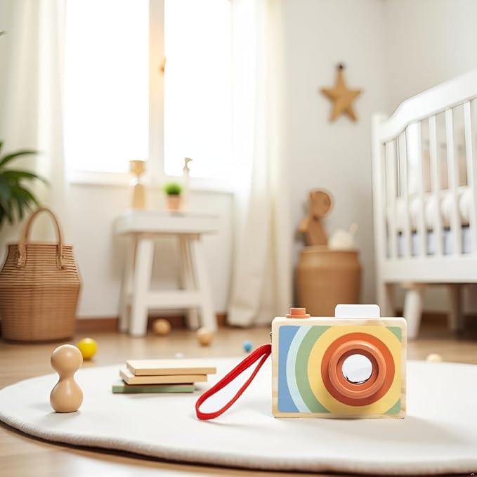 Pearhead Wooden Kaleidoscope Camera Toy, Montessori Pretend Play Camera with Click Button and Soft Strap, Creative Learning for Toddlers 12m+, Easter Basket Gift