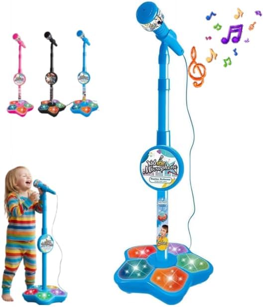 Kids Microphone with Stand, Kids Karaoke Machine with Lights, Karaoke Microphone Toys with Adjustable Stand & LED Lights, Standing Singing Machine Gifts for Boys Girls (Blue)