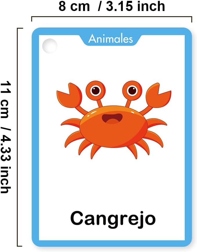 Animales Spanish Animals Vocabulary Flash Cards, Language Learning Classroom Supplies, Words Cognitive Cards for Preschool Kindergarten, Homeschool Teaching Aids