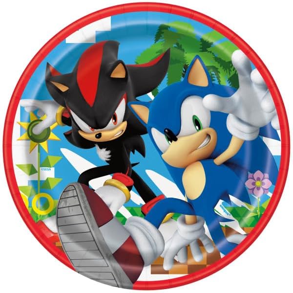 Sonic Birthday Party Supplies Bundle includes 16 Dessert Cake Paper Plates 7", 16 Paper Napkins 6.5", 1 Dinosaur Sticker Sheet