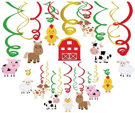 30Pcs Farm Animal Hanging Swirl Decorations Farm Animal Theme Ceiling Whirl Hanging Decorations Barnyard Party Supplies Barn Yard Ceiling Swirls for Zoo Farmhouse Theme Birthday Party Decor