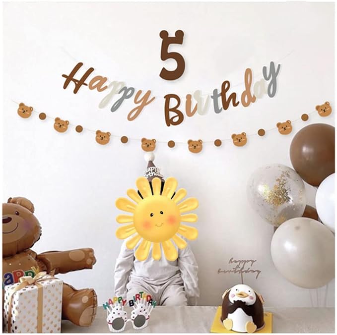 Bear Theme Happy Birthday Banner with Cute Bear Banner, Bday Party Pennant Decor, Wild One Woodland Bear First Birthday Party Supplies